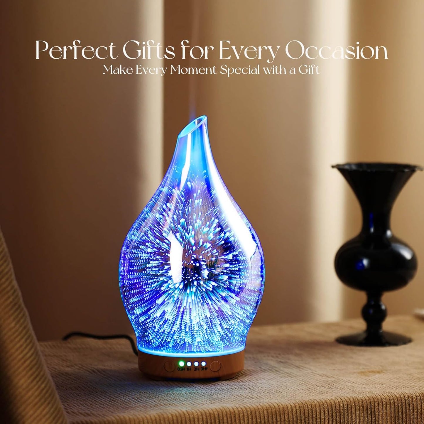 Oil Diffuser 3D Glass Aromatherapy Ultrasonic Humidifier, Air Refresh Auto Shut-Off, Timer Setting, BPA Free for Home Hotel Yoga Leisure SPA Gift 150Ml Last 6H