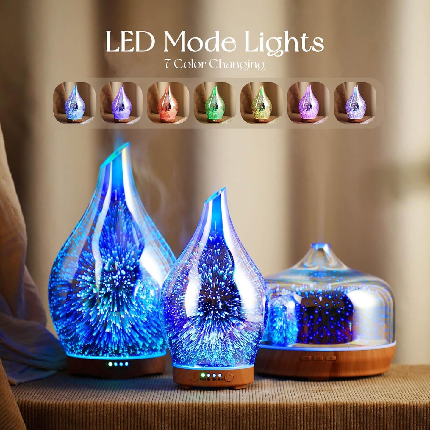 Oil Diffuser 3D Glass Aromatherapy Ultrasonic Humidifier, Air Refresh Auto Shut-Off, Timer Setting, BPA Free for Home Hotel Yoga Leisure SPA Gift 150Ml Last 6H