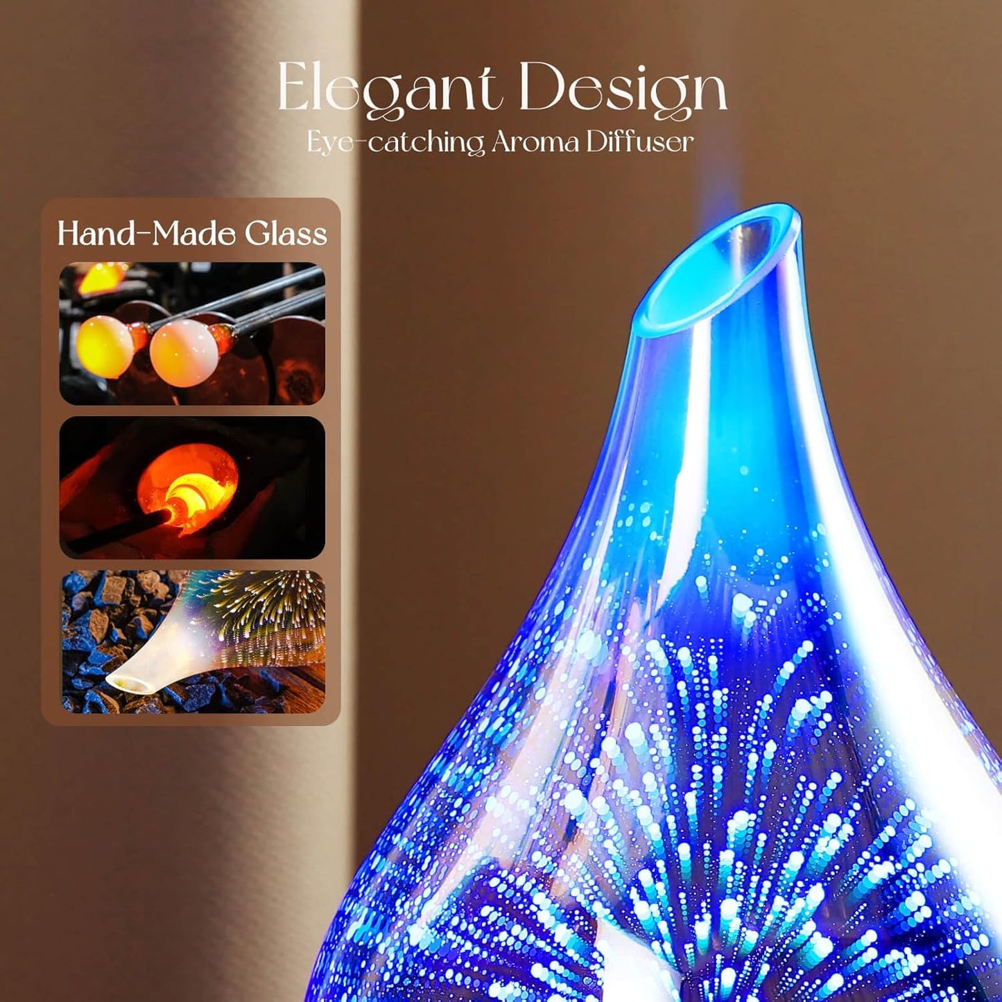 Oil Diffuser 3D Glass Aromatherapy Ultrasonic Humidifier, Air Refresh Auto Shut-Off, Timer Setting, BPA Free for Home Hotel Yoga Leisure SPA Gift 150Ml Last 6H