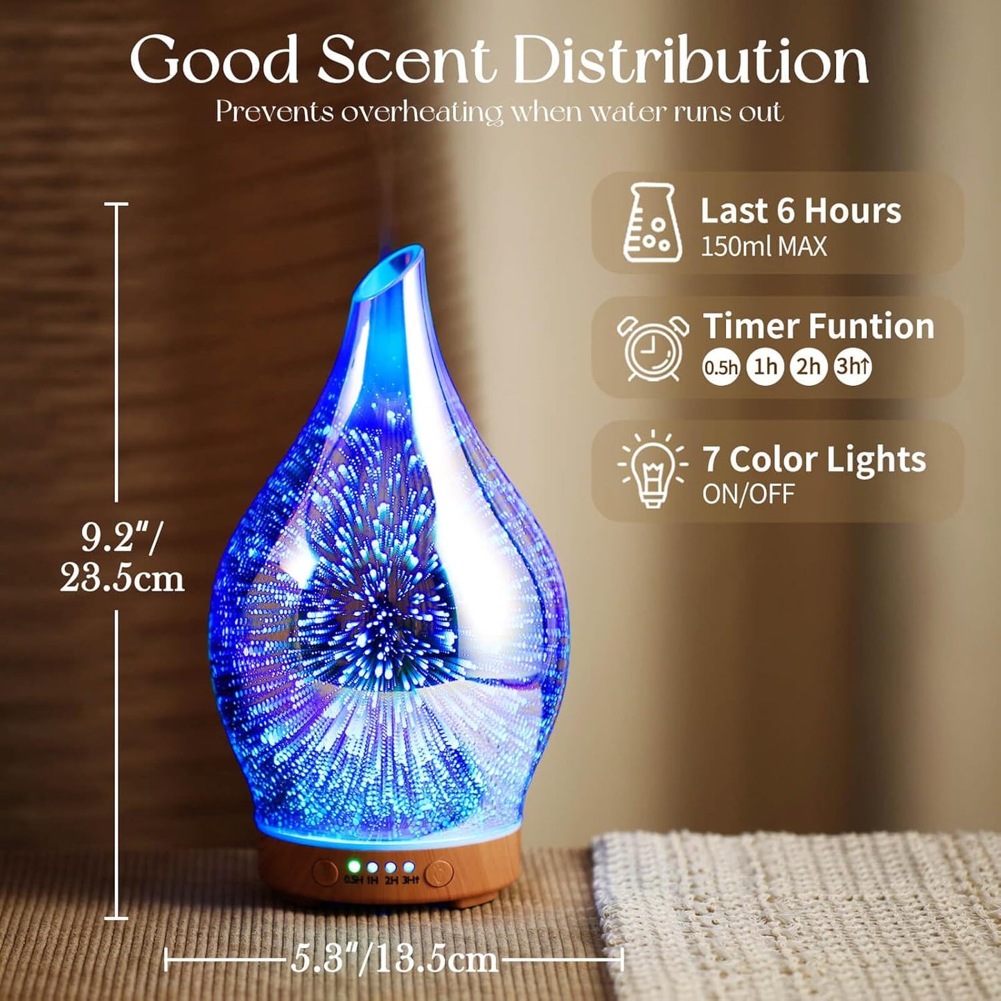 Oil Diffuser 3D Glass Aromatherapy Ultrasonic Humidifier, Air Refresh Auto Shut-Off, Timer Setting, BPA Free for Home Hotel Yoga Leisure SPA Gift 150Ml Last 6H