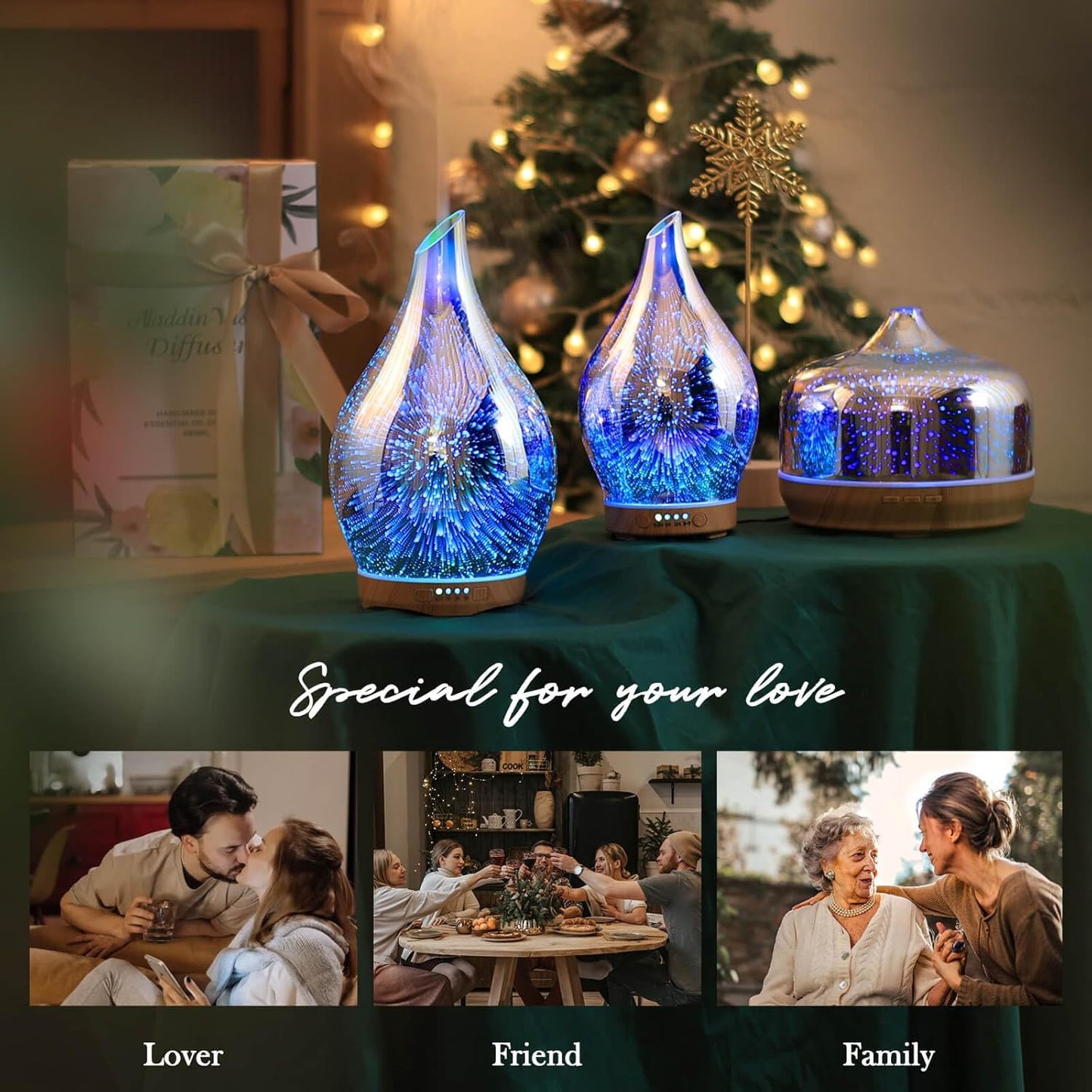 Oil Diffuser 3D Glass Aromatherapy Ultrasonic Humidifier, Air Refresh Auto Shut-Off, Timer Setting, BPA Free for Home Hotel Yoga Leisure SPA Gift 150Ml Last 6H
