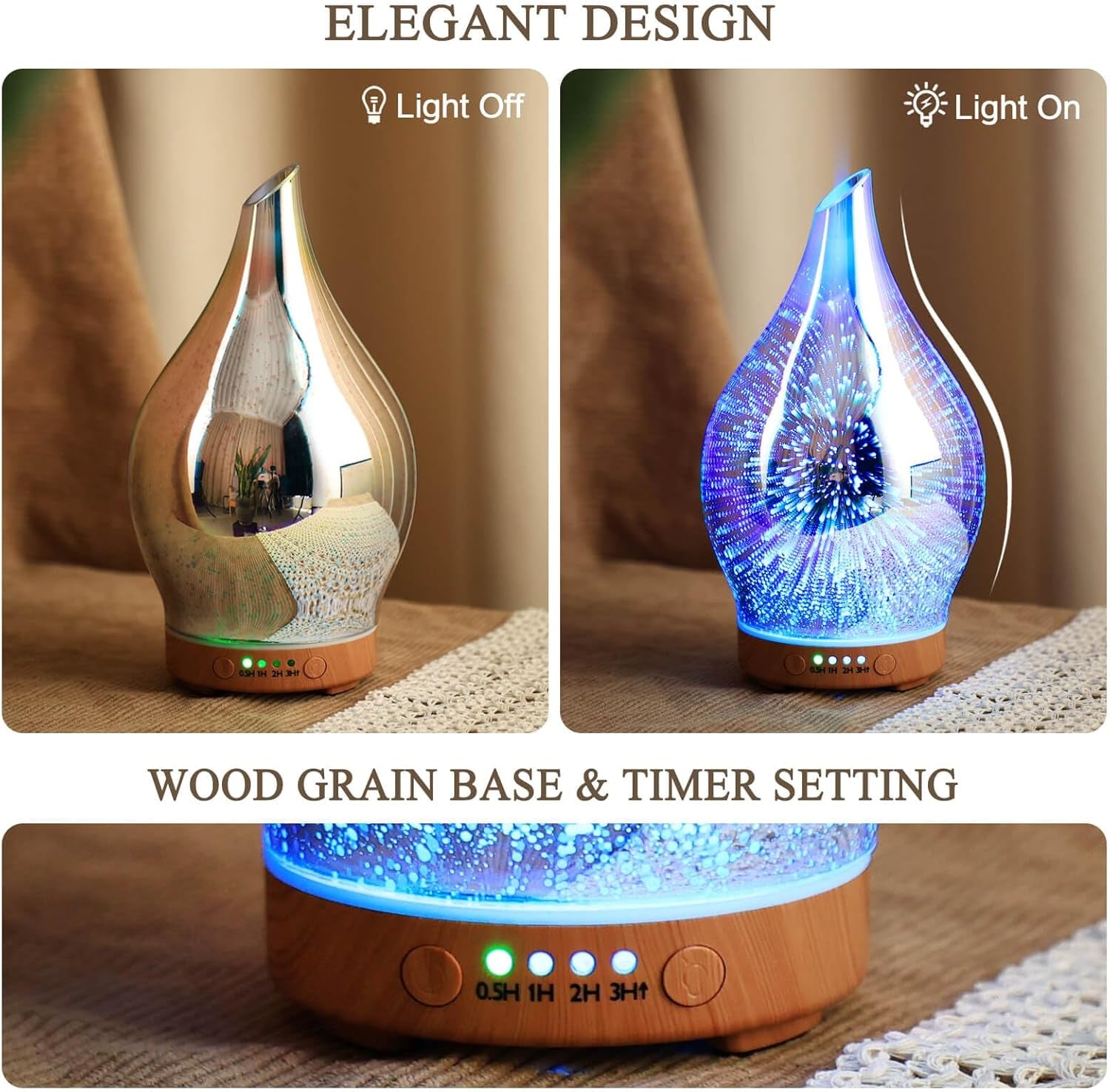 Oil Diffuser 3D Glass Aromatherapy Ultrasonic Humidifier, Air Refresh Auto Shut-Off, Timer Setting, BPA Free for Home Hotel Yoga Leisure SPA Gift 150Ml Last 6H